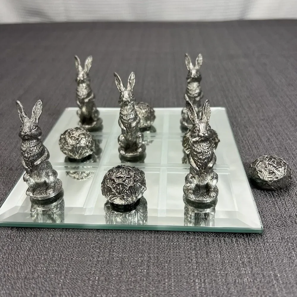 Bunny Rabbit & Cabbages Pewter Metal on Mirrored Tic Tac Toe Game Board Easter